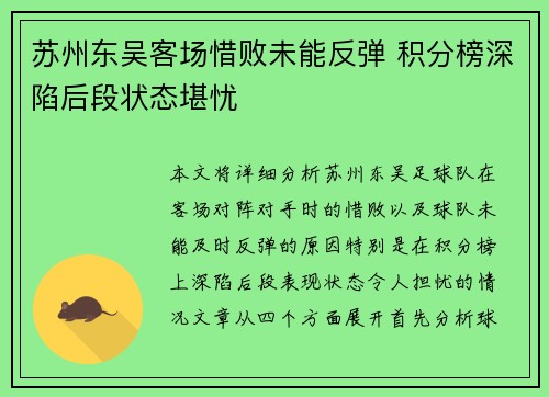 苏州东吴客场惜败未能反弹 积分榜深陷后段状态堪忧