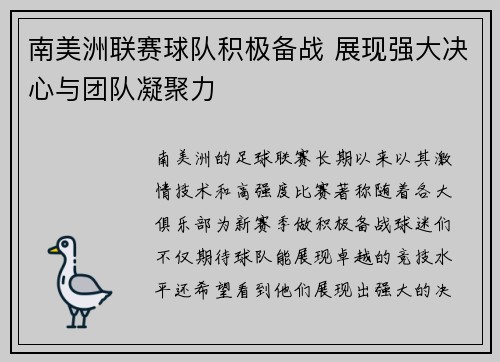 南美洲联赛球队积极备战 展现强大决心与团队凝聚力