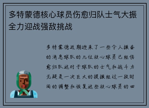 多特蒙德核心球员伤愈归队士气大振全力迎战强敌挑战