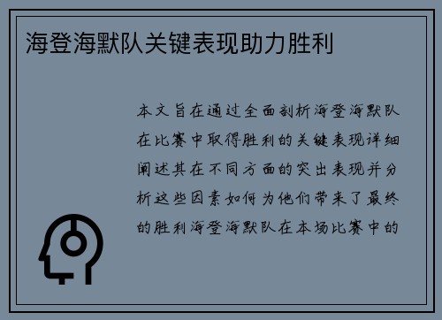 海登海默队关键表现助力胜利
