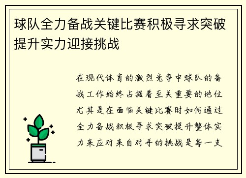 球队全力备战关键比赛积极寻求突破提升实力迎接挑战