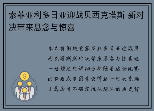 索菲亚利多日亚迎战贝西克塔斯 新对决带来悬念与惊喜