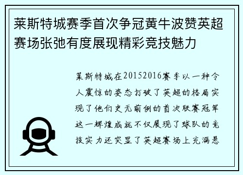 莱斯特城赛季首次争冠黄牛波赞英超赛场张弛有度展现精彩竞技魅力